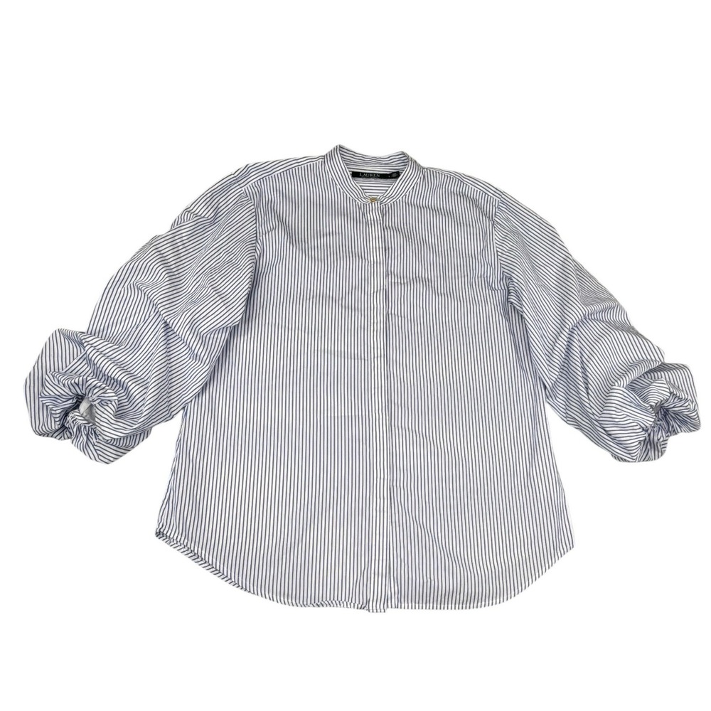 Lauren Ralph Lauren Womens Band Collar Puff Sleeve Top Large Coastal Preppy